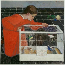 Silvia Koller met vogelkooi (olieverf op doek)