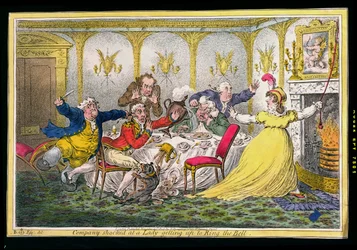 Gezelschap geschokt door een dame die opstaat om de bel te luiden, geëtst door James Gillray, gepubliceerd door Hannah Humphrey in 1804