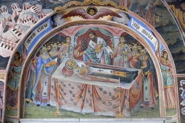 Bulgarije, Rila-gebergte, Rila-klooster, fresco detail in de kerk van de Geboorte van de Maagd