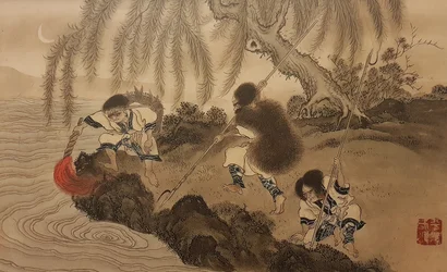 Vissen met een brandende fakkel. Uit de serie De Ainu, tweede helft van de 19e eeuw