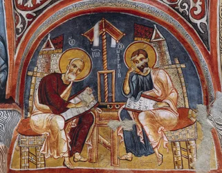 Evangelisten Lucas en Mattheüs schrijven Evangeliën, Karanlik Kilise (Donkere Kerk) (12e-13e eeuw), Goreme (Unesco Werelderfgoedlijst)