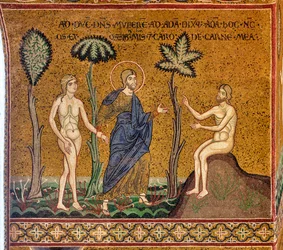 God introduceert Eva aan Adam, Byzantijns mozaïek, XII-XIII eeuw, op de tegengevel