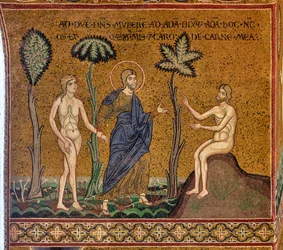 God introduceert Eva aan Adam, Byzantijns mozaïek, XII-XIII eeuw, op de tegengevel (mozaïek)