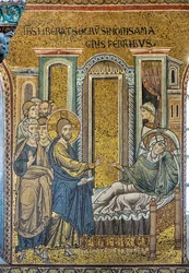 Jezus geneest de schoonmoeder van Simon van koorts, Byzantijns mozaïek, Episodes uit het leven van Christus, XII-XIII eeuw (mozaïek)