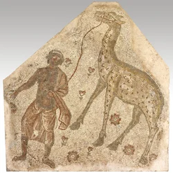 Mozaïekfragment met een man die een giraffe leidt, 401-500 n.Chr. (steen in mortel)
