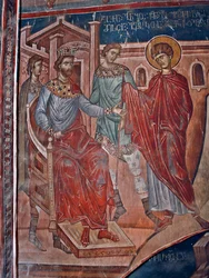 Sint Joris voor de keizer Diocletianus - Schilderij van Damiane