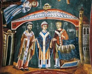 Sint Nicolaas gewijd tot bisschop van Myra, (detail) uit de Verhalen van Sint Nicolaas, Romaanse fresco, Byzantijnse stijl, eind 11e eeuw, Kapel van Sint Eldrad en Sint Nicolaas, Novalesa Abdij, Piëmont, Italië