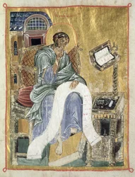 Marcus die zijn Evangelie schrijft (blad uit een Psalter) (perkament)