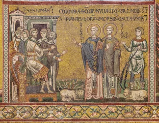St. Cassius en St. Casto voor de keizer, Byzantijns mozaïek, XII-XIII eeuw, op de tegengevel (mozaïek)