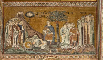 De onthoofding van Sint-Paulus in Rome, Byzantijns mozaïek, 12e-13e eeuw in het noordelijke transept