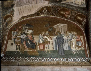 De volkstelling, Maria en Jozef voor Herodes de Grote (Mozaïek van 1310-1320)