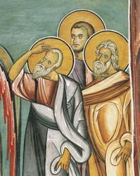 Drie mensen in een kerk, Panagia too Araka, Byzantijns, Troodosgebergte, Cyprus