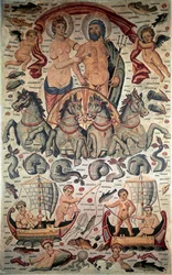 Byzantijnse kunst: Triomf van Neptunus en Amphitrite. Neptunus en Amphitrite naakt op een tank getrokken door vier zeepaarden. Mozaïek van de 3e eeuw