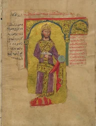 Alexander de Grote in de Byzantijnse keizerlijke kleding Miniatuur uit de Alexanderroman, 14e eeuw