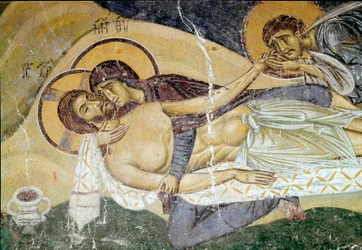 Byzantijnse kunst: «Bewening van de dood van Christus», fresco van een schilder uit de 12e eeuw. Detail. Nerezi, San Pantaleimone, Macedonië