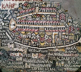 Byzantijnse kunst: oudste kaart van Palestina. Detail dat Jeruzalem voorstelt. Mozaïek van de 6e eeuw. Madaba, Kerk van St. George