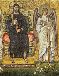 Tronende rechter Christus met een engel aan zijn zijde, detail, 6e eeuw (mozaïek)