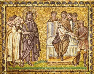 Christus voor Pilatus die zijn handen wast, hogepriesters en Romeinse soldaten, 6e eeuw (mozaïek)