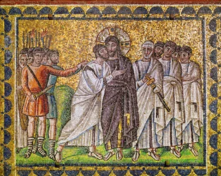 Christus omringd door apostelen; hij wordt gegrepen door Romeinse soldaten, 6e eeuw (mozaïek)