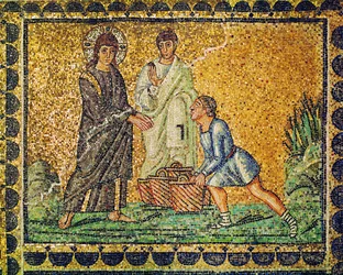 Jezus en de broodvermenigvuldiging, een apostel en een man met broodmanden, 6e eeuw (mozaïek)