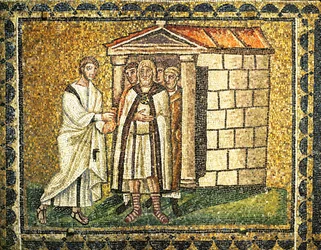De wroeging van Judas, een sjekelzak in zijn handen, 6e eeuw (mozaïek)