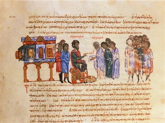 MMS Vitr 26-7 Ambassadeur uit Kiev gestuurd door Koning Vladimir (978-1015) wordt verteld over het christendom door een Byzantijnse bisschop, uit de Madrid Skylitzes