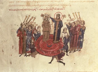Keizer Michael I Rangabes gekroond door Nicephorus in 811, uit de Madrid Skylitzes