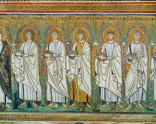Processie van martelaren Sint Clementus, Sixtus, Lawrence, Hippolytus, Cornelius, allen dragen kronen - symbool van martelaren, 6e eeuw (mozaïek)