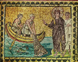 Tweede verschijning van Jezus Christus aan de vissende apostelen op het meer van Galilea of het meer van Genezareth, 6e eeuw (mozaïek)