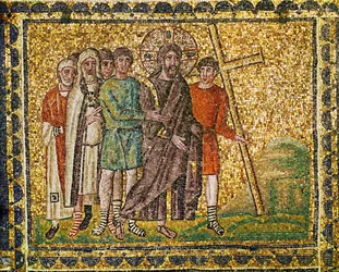 Het dragen van het kruis. Christus, soldaten en hogepriesters op weg naar Golgatha, 6e eeuw (mozaïek)