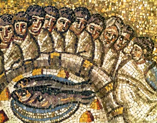 De vis en de apostelen, detail uit "Het laatste avondmaal", 6e eeuw (mozaïek)
