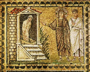 De opwekking van Lazarus uit de dood, Jezus en een apostel, 6e eeuw (mozaïek)