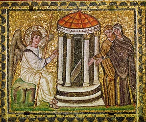 De twee vrouwen en een engel met aureool en staf bij het lege graf van Christus, 6e eeuw (mozaïek)
