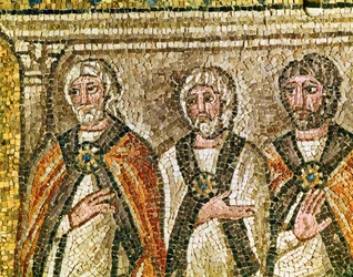 Drie leden van het Sanhedrin, detail van "Jezus voor Kajafas", 6e eeuw (mozaïek)