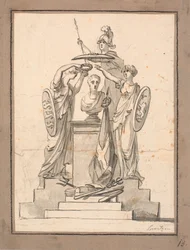 En buste bekranst door drie vrouwen met wapenschilden