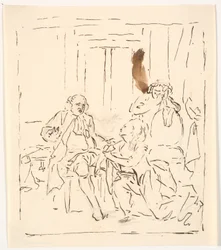 Een vrouw knielt voor een zittende man. Op de achtergrond een huilende vrouw die zich aan een stoel vasthoudt. Theaterscène?