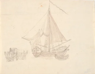 Een schip met zeil en wimpel en een sloep. Links twee paardenwagens