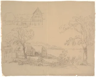 Landschap met boerderij bij een meer. Linksvoor een boerderij