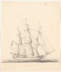 Marineschip onder volle zeilen