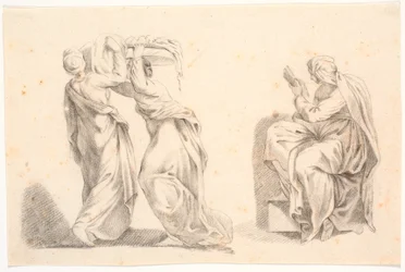Twee vrouwen in klassieke gewaden die een mand dragen en een sibille naar Michelangelo