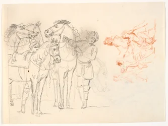 Twee schetsen. Links een potloodschets met paarden en twee mannen. Rechts een roodkrijtschets met een figuurgroep