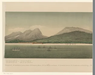 Gezicht op de kust van Groot-Atjeh, met voor de kust de vloot van de Eerste Atjeh-expeditie, derde deel