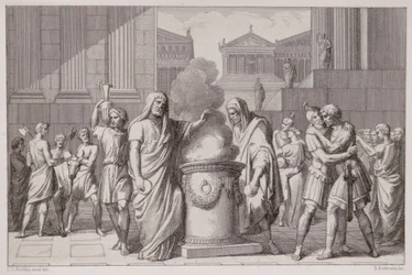 De Ontmoeting van Camillus en Manlius na de Terugtocht van de Galliërs, gegraveerd door B.Barloccini
