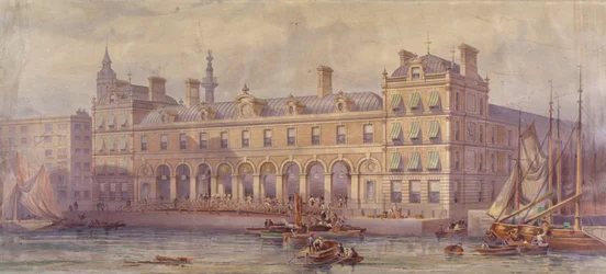 Uitzicht op Billingsgate Market met figuren en boten op de voorgrond, Londen, 1877