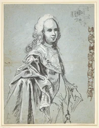 Studie voor een portret, vermoedelijk van A. G. Moltke; rechts op het blad studie voor de ketting van de Orde van de Olifant