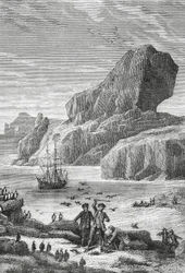 Ontdekking van Austral Frankrijk (Kerguelen-eilanden) door Franse ontdekkingsreiziger Yves-Joseph de Kerguelen-Tremarec (1734-1797), februari 1772, gravure, Indische Oceaan, Gebied van de Franse Zuidelijke en Antarctische Gebieden