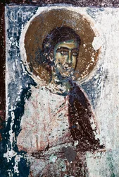 Beeld van heilige, fresco in de kerk van Taxiarhon, Oud Pyli, eiland Kos, Griekenland (foto)