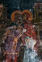 Fresco van heiligen in de kerk van Agios Ioannis Prodromos, Margarites, Kreta, Griekenland (foto)