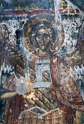 Paard, beschadigde fresco op plafond van de kerk van Agios Vasileios, Vavouledo, Kreta, Griekenland (foto)