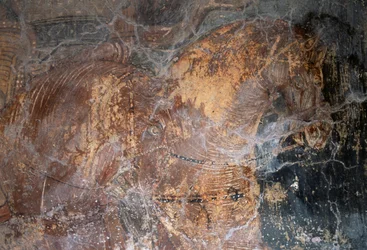 Paard, detail van fresco in de kerk van Agios Georgios, Komitades, Kreta, Griekenland (foto)